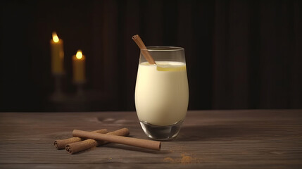 Winter eggnog in glass mug with milk and cinnamon. Illustration AI Generative.