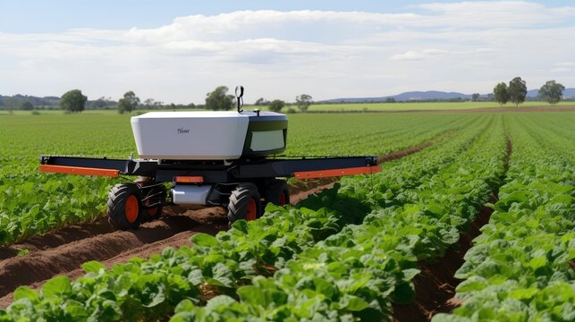A solar-powered agriculture robot working in the field. Integration of renewable energy and advanced technology to improve efficiency and sustainability practices in modern farming. Generative AI