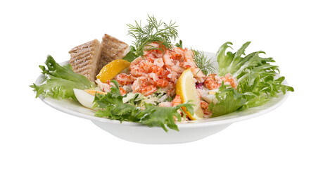 Fresh cooked prawns and salad served on a plate ready to eat