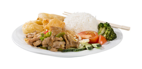 Delicious Asian meal with meat, rise and vegatables