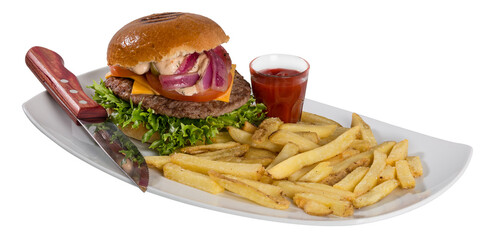 Hamburger and french fries isolated on a white background