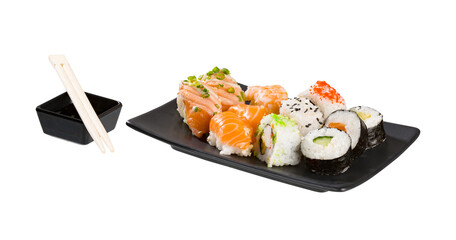 A serving of sushi isolated on a white background