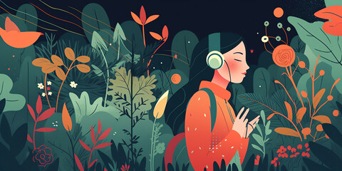 A person walking in a garden with eyes closed, listening to the sounds of nature. The illustration could show flowers, trees, and birds. practicing mindfulness meditation. Generative AI.