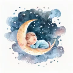 Watercolor cute sleeping baby on moon. Illustration AI Generative © ArtCookStudio