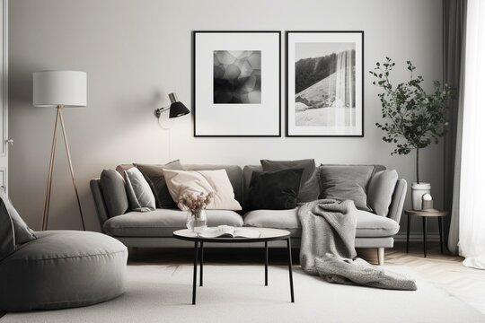 Gray modern interior mock up poster frame in Scandinavian-style living room. 3D rendered illustration. Generative AI