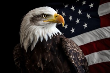 Illustration of an American bald eagle in front of USA's flag. The bald eagle is the emblem of the nation with its' fierce beauty and proud independence symbolizes the strength and freedom of America
