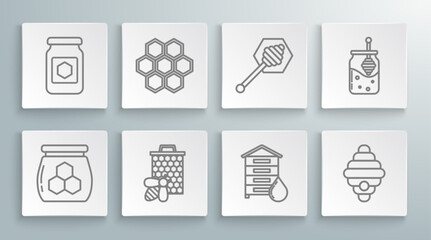 Set line Jar of honey, Honeycomb, Bee and honeycomb, Hive for bees, dipper stick, and icon. Vector