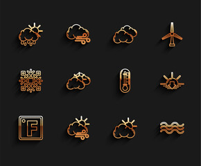 Set line Fahrenheit, Windy weather, Cloud with rain and sun, Sun cloud, Waves, Sunset and Thermometer icon. Vector