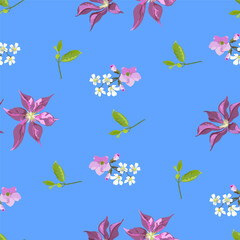 Bright floral pattern from different flowers in bouquets with small leaves on a cyan background - vector seamless pattern for the design of fabric, scarves, shawls.