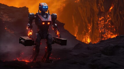 A Robot Courier Of The Future In A Fiery Volcano With Molten Lava. Generative AI