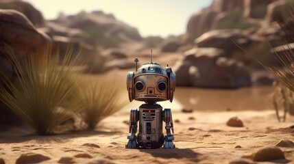 A Small Droid With A Head And Hands, Background Of A Peaceful Oasis In The Desert. Generative AI
