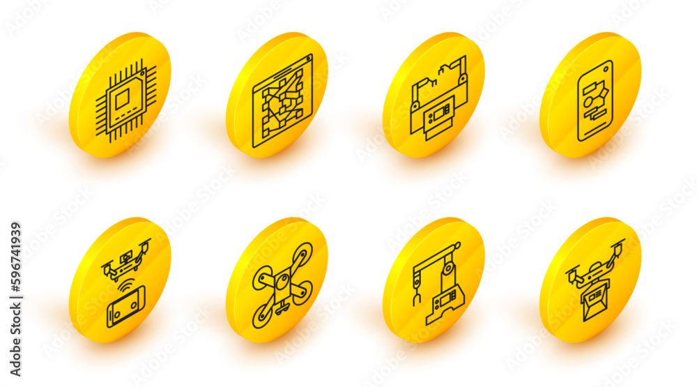 Poster set line drone delivery concept, assembly line, flying with action camera, remote aerial drone, algo
