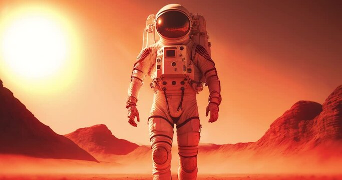 Astronaut exploring planet mars with sun and mountains, created using generative ai technology