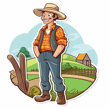Happy farmer with his farm and rural landscape in the background. A healthy lifestyle, agriculture, farm concept. Cartoon vector illustration. label, sticker, t-shirt printing