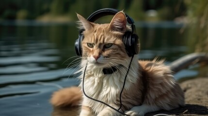 Cat In The Headphones In Fishing Trips. Generative AI