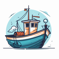 A small fishing boat rocking on the waves. Cartoon vector illustration. label, sticker, t-shirt printing