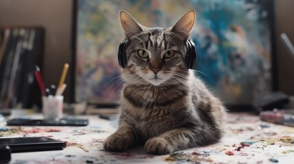 Cat In The Headphones In Painting Classes. Generative AI