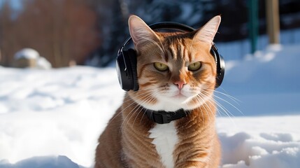 Cat In The Headphones In Snowboarding. Generative AI