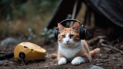 Cat In The Headphones In Camping. Generative AI - obrazy, fototapety, plakaty