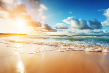 Tropical beach with sunset sky and clouds background. Summer vacation and travel concept. Generative ai.