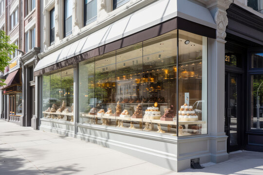 Modern Pastry Shop Exterior with Contemporary Building Facade and Large Window Display Showcasing Delicious Treats, Captured from Street Perspective - Generative AI