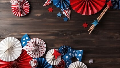 4th of July American Independence Day. Happy Independence Day. Red, blue and white star confetti, paper decorations on white background. Flat lay, top view