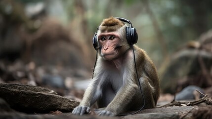 Monkey In The Headphones In Hiking. Generative AI