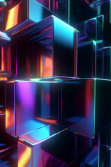 Abstract 3d neon glass shapes overlapping with shimmering light, background concept.