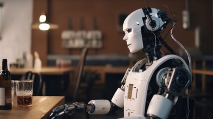Robot In The Headphones In Beer Tasting. Generative AI