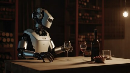 Robot In The Headphones In Wine Tasting. Generative AI