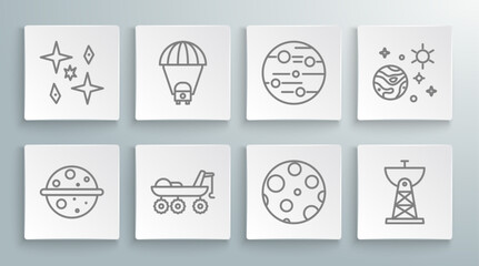 Set line Planet Venus, Saturn, Mars rover, Moon, Satellite dish, Space and planet and icon. Vector