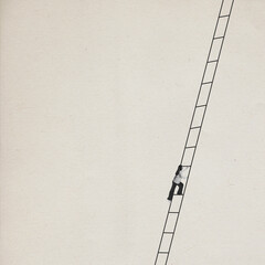 Contemporary art collage with one girl, woman climbing up the career ladder to achieve success over...