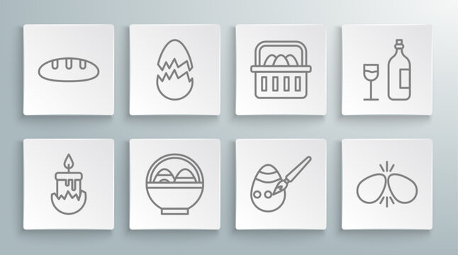 Set line Burning candle, Broken egg, Basket with easter eggs, Easter paint brush, Wine bottle glass and Bread loaf icon. Vector