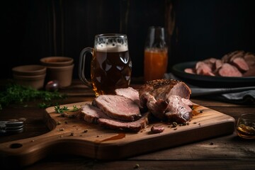 Beer and meat on cutting board. Generative AI