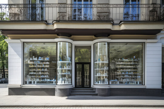 Modern pharmacy building facade with large window showcasing the interior, as seen from the street view, promoting a welcoming atmosphere for customers. Frontal view. Generative AI.
