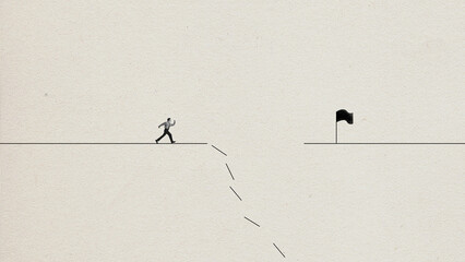 Contemporary art collage with businessman walking on way to success doing mistake on light background. Making false decision