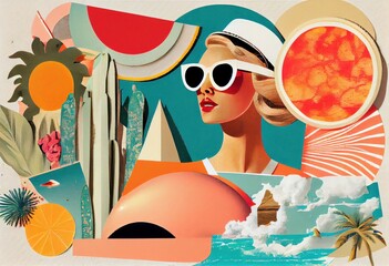 Retro stylefashion woman wearing trendy sunglasses. Pin up girl. Colorful creative vacation holidays travel concept. Paper collage, tropical flowers, happy people, pop colors.