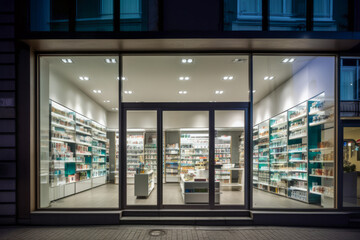 Modern pharmacy building facade with large window showcasing the interior, as seen from the street view, promoting a welcoming atmosphere for customers. Frontal view. Generative AI. - obrazy, fototapety, plakaty
