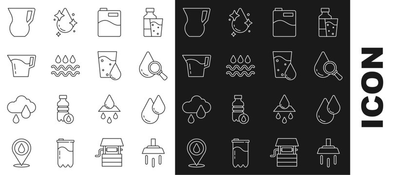 Set line Shower, Water drop, Drop and magnifying glass, Big bottle with clean water, Wave, Jug, and Glass icon. Vector