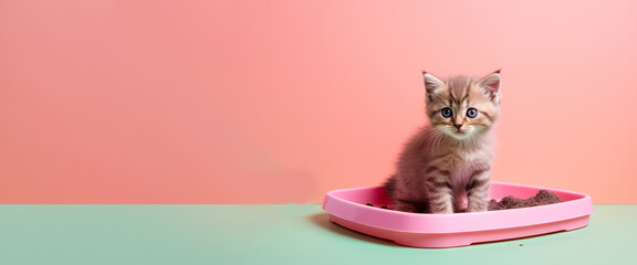 A cat in a litter box poster with copy space - Generative AI