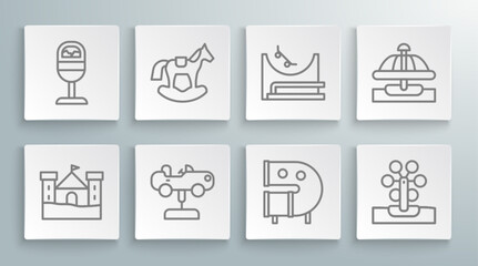 Fototapeta na wymiar Set line Sand castle, Horse in saddle swing, Swing car, Kid playground slide pipe, Ferris wheel, Skate park, Attraction carousel and Trash can icon. Vector