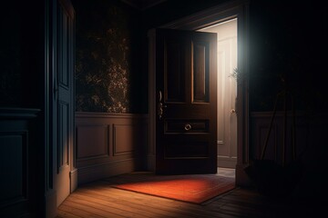 3D render of an open door in a dimly lit room. Generative AI