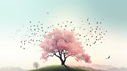 Watercolor Spring Tree with Flying Birds