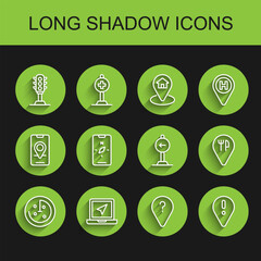 Set line Radar with targets on monitor, Laptop location marker, Traffic light, Unknown route point, Location exclamation, Compass mobile, Cafe and restaurant and sign turn left icon. Vector