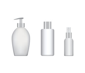 Plastic beauty containers set. Cream, lotion, spray, oil, shampoo, hand soap, gel, milk, balm, vector illustration. Mock up template packaging of cosmetic products in tubes and jars.