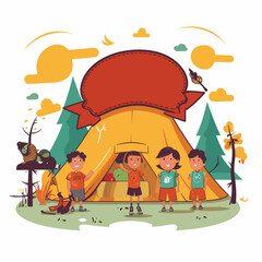 Camping in a tent in the countryside. A family holiday in a tent. Cartoon vector illustration. label, sticker, t-shirt printing
