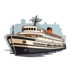Obraz premium Travelling by large tourist boat. Boat transportation of travellers. Holidays and leisure at sea. Cartoon vector illustration. label, sticker, t-shirt printing