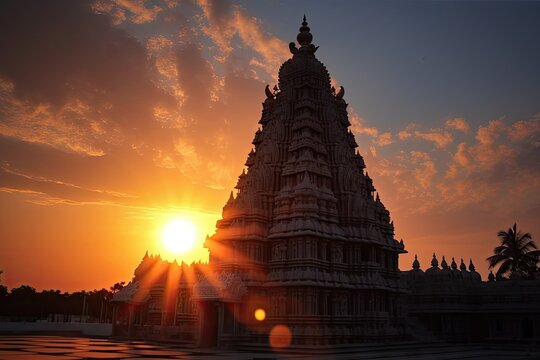 view of hindu temple, with the sun setting in the background, casting a warm glow over the building, created with generative ai