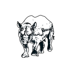 black and white sketch of a rhinoceros with transparent background