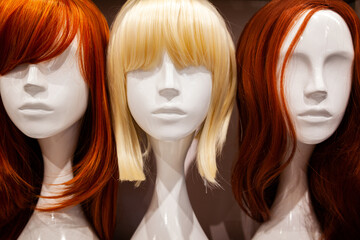 Multi-colored wigs are worn on the heads of mannequins.